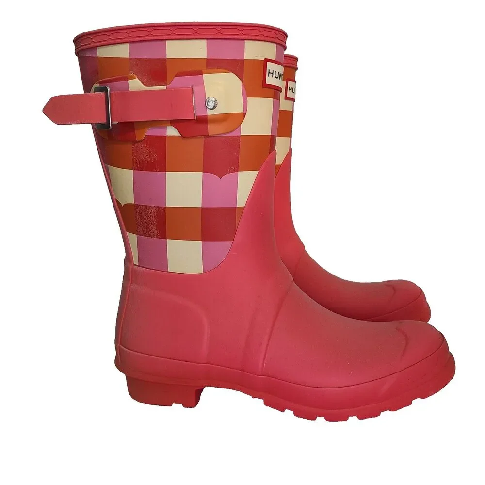 Hunter Original Short Gingham Plaid Rubber Boots Arcade Pink 7 Festival Preppy